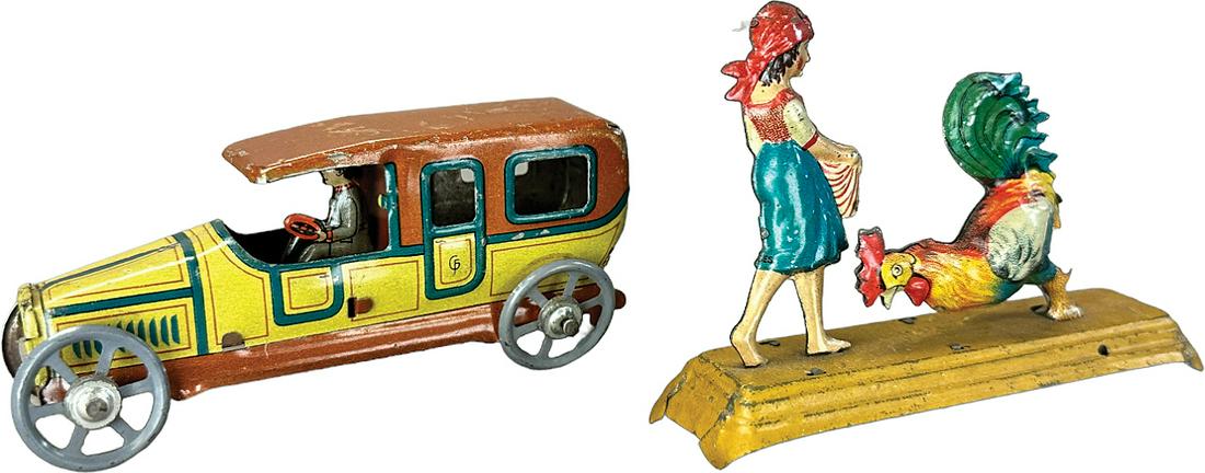 WOMAN FEEDING ROOSTER & LIMO PENNY TOY: 189. WOMAN FEEDING ROOSTER & LIMO PENNY TOY | Germany. Hand plunger causes chick to peck at ground | 4" l. | Chick missing lever, otherwise (Excellent Condition) | $150 - $300