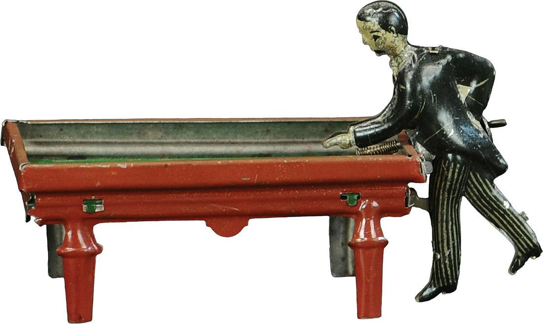 KELLERMAN POOL PLAYER PENNY TOY: 197. KELLERMAN POOL PLAYER PENNY TOY | Germany | 4" l. | (Excellent Condition) | $100 - $200
