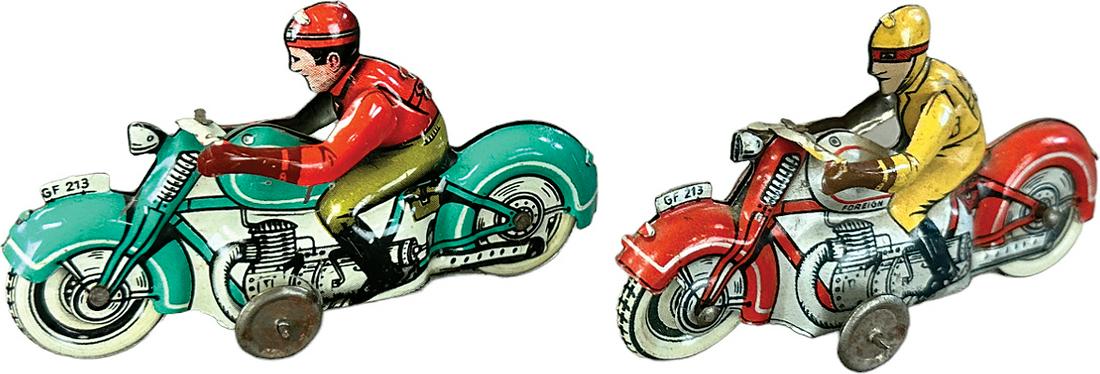 TWO FISCHER MOTORCYCLE PENNY TOYS: 203. TWO FISCHER MOTORCYCLE PENNY TOYS | Wind-up causes toy to move forward | 4" l. | (Pristine Condition) | $200 - $400