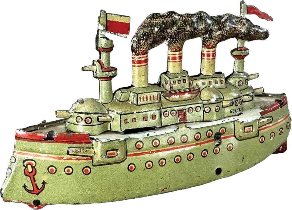 MEIER BATTLESHIP PENNY TOY: 207. MEIER BATTLESHIP PENNY TOY | Germany | 4" l. | Missing wheels, otherwise (Very Good to Excellent Condition) | $200 - $400