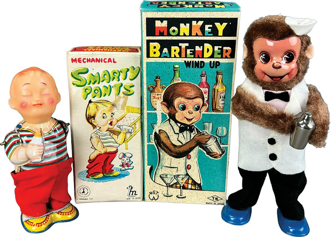 NOMURA MONKEY BARTENDER W/ MIKUNI SMARTY PANTS: 219. NOMURA MONKEY BARTENDER W/ MIKUNI SMARTY PANTS | Japan. Wind-up | 8" h. | (Pristine Condition) | $200 - $400
