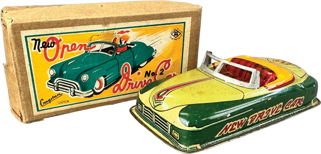 BOXED CRAGSTON OPEN DRIVE CAR NO.2: 222. BOXED CRAGSTON OPEN DRIVE CAR NO.2 | Japan. Friction motor causes toy to move forward | 5" l. | Box has two torn corners & tears, car in (Excellent Condition) | $150 - $300