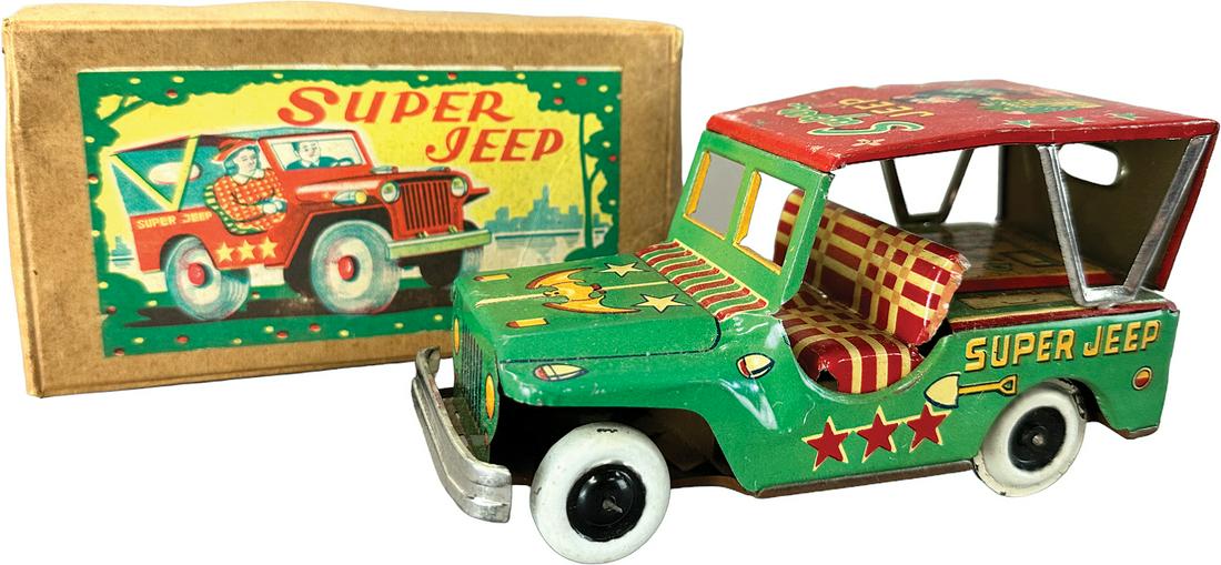 BOXED JAPANESE FRICTION SUPER JEEP: 224. BOXED JAPANESE FRICTION SUPER JEEP | Japan. Friction motor causes toy to move forward | 6" l. | Two tears at corners of lid, otherwise (Pristine Condition) | $300 - $600