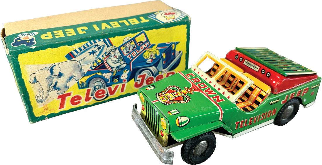 BOXED USAGIYA TOYS CROWN TELEVISION JEEP: 225. BOXED USAGIYA TOYS CROWN TELEVISION JEEP | Japan. Friction motor causes toy to move forward | 6" l. | Box (Excellent Condition), toy (Pristine Condition) | $200 - $400