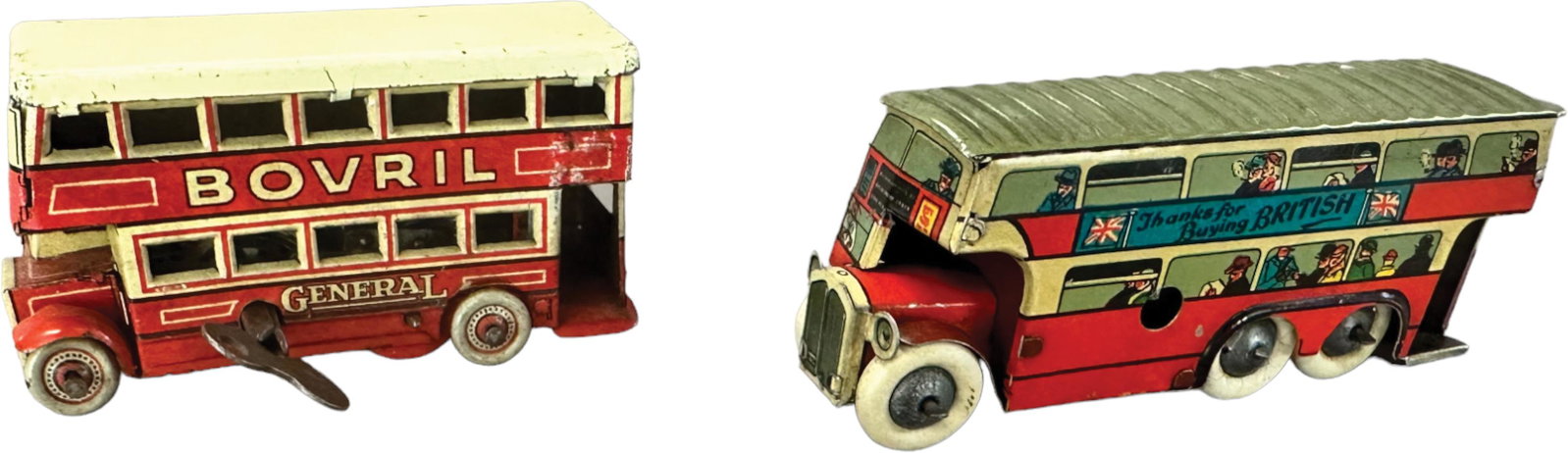 TWO ENGLISH DOUBLE DECKER BUS PENNY TOYS: 242. TWO ENGLISH DOUBLE DECKER BUS PENNY TOYS | England. Wind-up causes toy to move forward | 3.5" l. | (Excellent to Pristine Condition) | $250 - $500