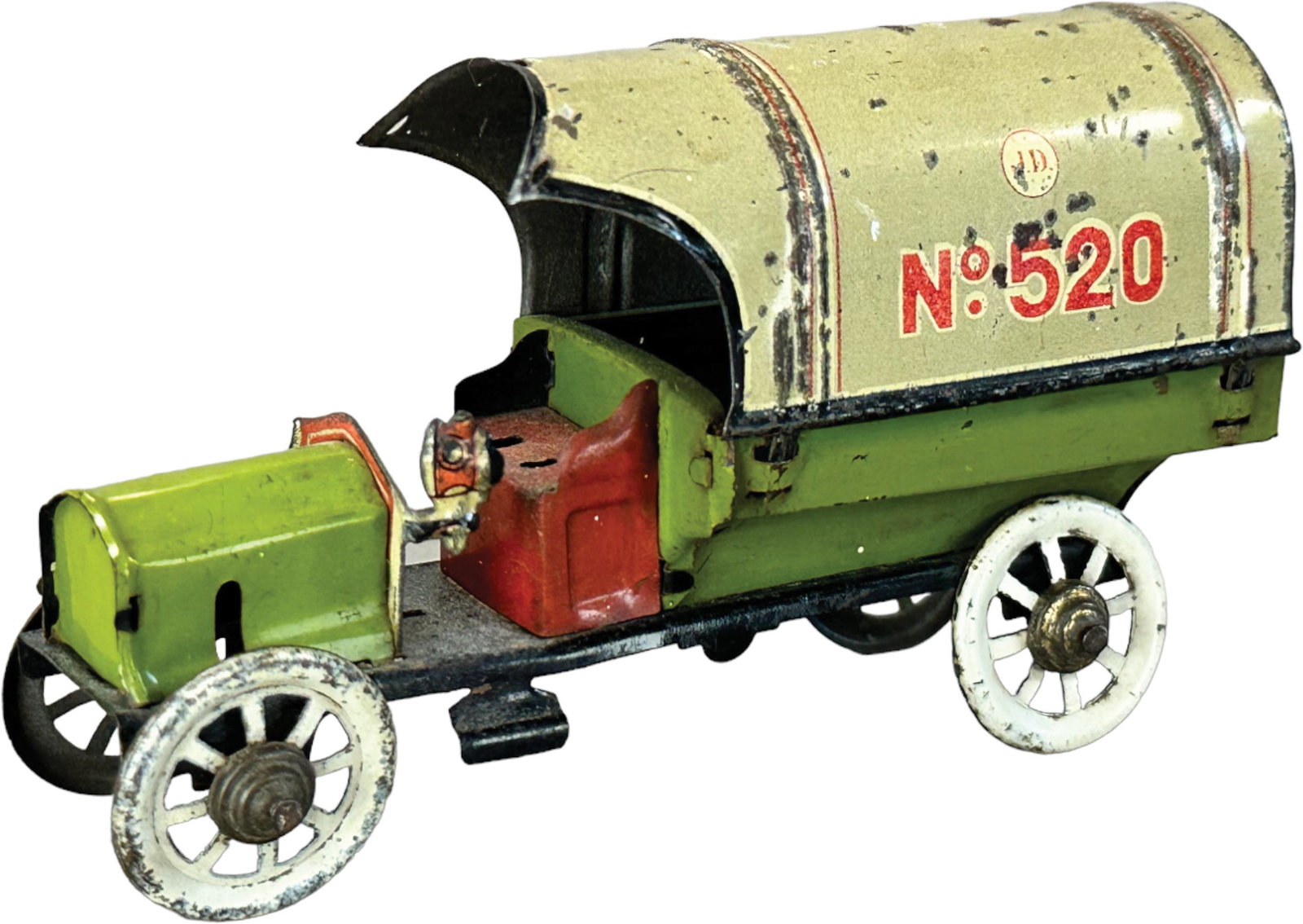 DISTLER COVERED TRUCK PENNY TOY: 248. DISTLER COVERED TRUCK PENNY TOY | Germany | 4.75" l. | Missing one headlight and roof visor, overall (Excellent Condition) | $150 - $300