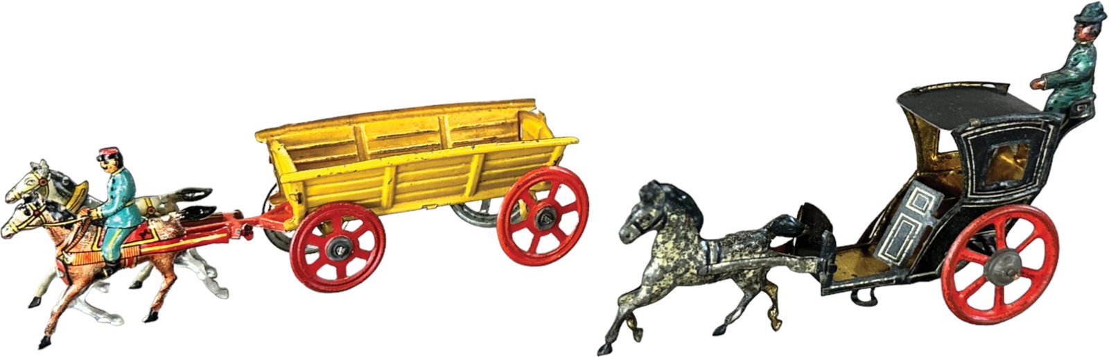 MEIER HANSOM CAB & HAY WAGON PENNY TOYS: 256. MEIER HANSOM CAB & HAY WAGON PENNY TOYS | Germany | 4.5" l. | (Excellent Condition) | $150 - $300