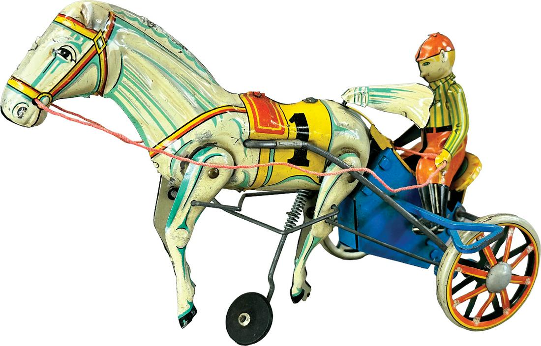 OHTA JAPANESE #1 HORSE SULKY WIND-UP: 281. OHTA JAPANESE #1 HORSE SULKY WIND-UP | Japan. Wind-up causes toy to move forward | 8" w. | Wind-up action is sporadic at times and could use some tinkering, otherwise (Excellent Condition) | $75 