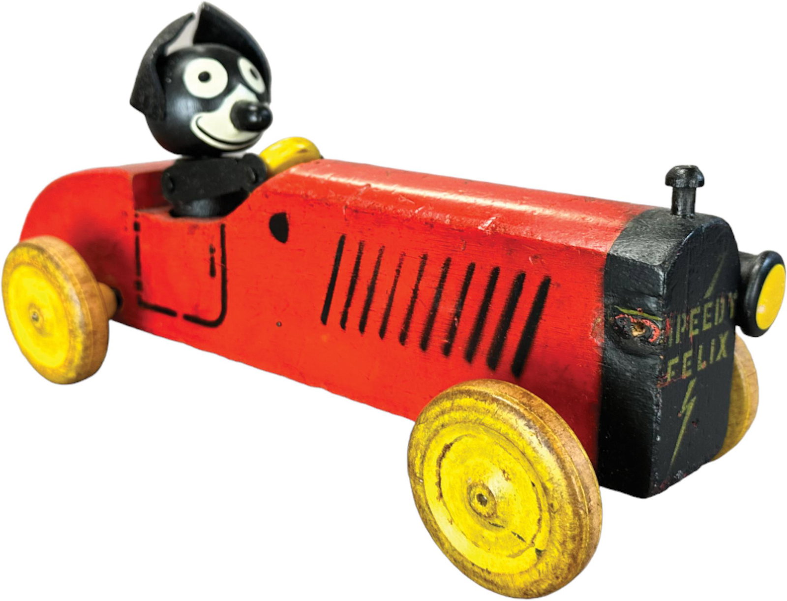 SPEEDY FELIX WOODEN RACE CAR: 288. SPEEDY FELIX WOODEN RACE CAR | USA | 12" l. | Face & top of bonnet over-painted, otherwise (Very Good Condition) | $250 - $500