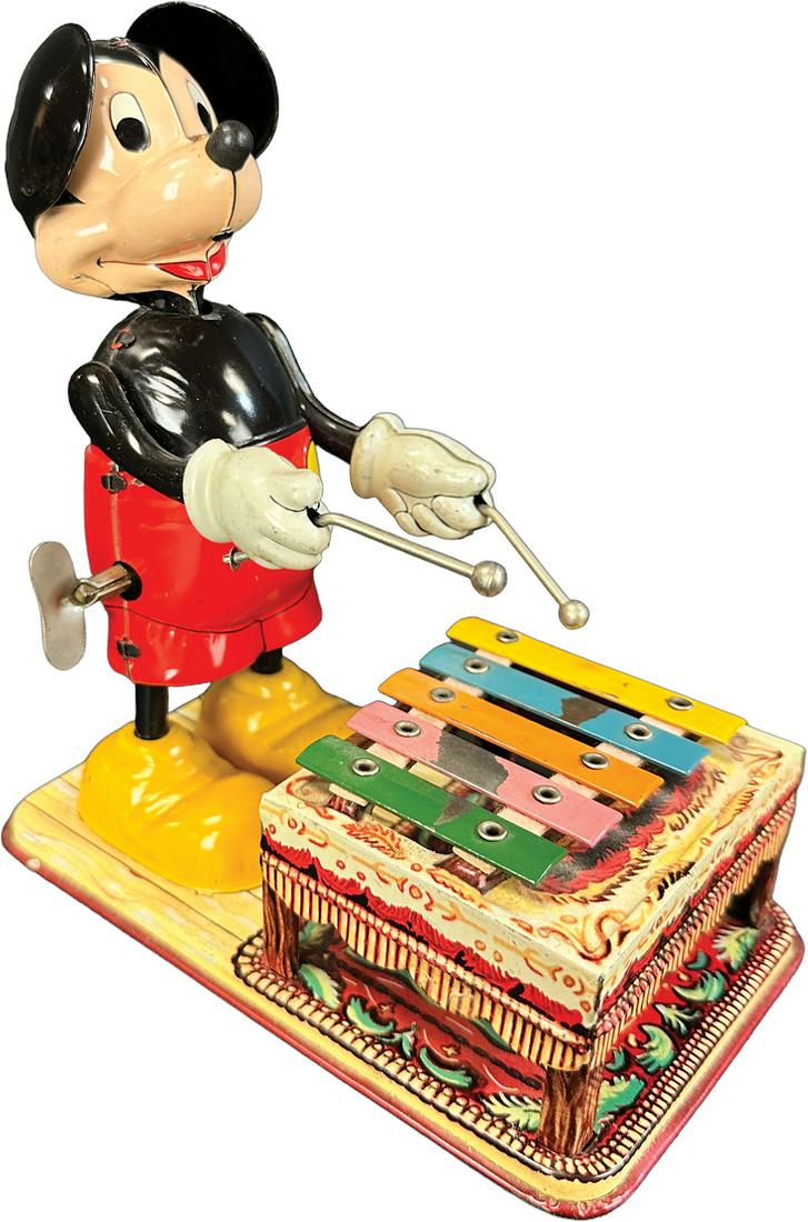 LINEMAR MICKEY MOUSE W/ XYLOPHONE: 305. LINEMAR MICKEY MOUSE W/ XYLOPHONE | Japan. Wind-up causes toy to bang cymbal sticks on keys. | 6.5" h. | Slight scratching on top of keys, (Excellent Condition) | $200 - $400
