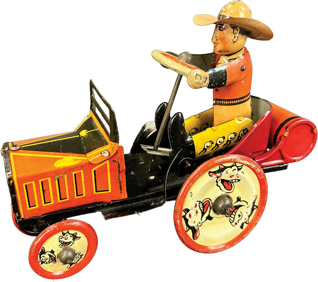 MARX WHOOPEE COWBOY CAR: 337. MARX WHOOPEE COWBOY CAR | USA. Wind-up causes toy to roll forward | 8" l. | (Very Good Condition) | $150 - $300