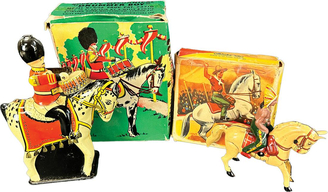 WELLS DRUMMER BOY & KOHLER INDIAN ON HORSE: 359. WELLS DRUMMER BOY & KOHLER INDIAN ON HORSE | Germany and England. Wind-up causes toy to roll forward | 5.5" h. | Tears and punctures to box, three missing inner flaps, (Excellent to Pristine Cond