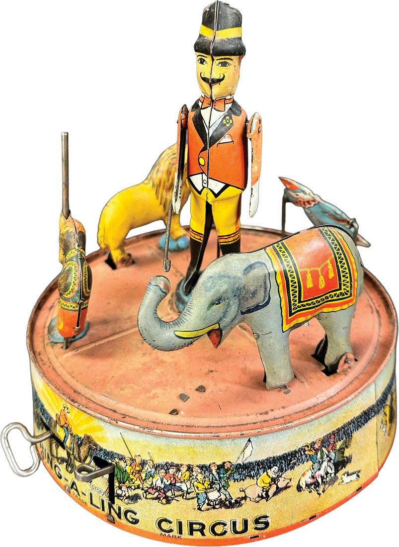 MARX RING-A-LING CIRCUS: 362. MARX RING-A-LING CIRCUS | USA. Wind-up causes toy to revolve as ringmaster lifts his stick and animals do motion tricks | 7.5" w. | (Very Good to Excellent Condition) | $250 - $500