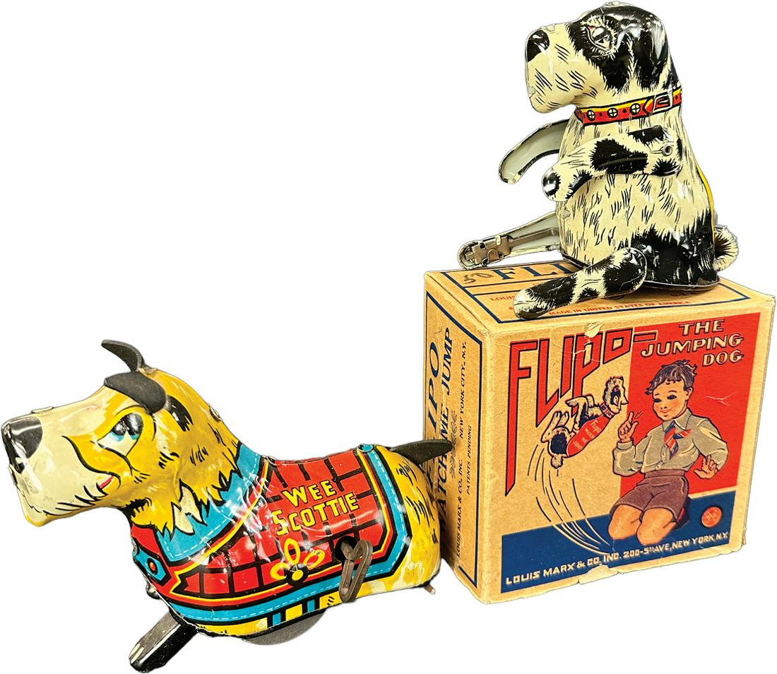MARX SCOTTIE DOG W/ BOXED MARX FLIPO DOG: 385. MARX SCOTTIE DOG W/ BOXED MARX FLIPO DOG | USA. Wind-up causes toy to roll forward or spring into a flip | 5" l. | Box end flaps are mostly missing on end, toys are both working (Excellent Condit