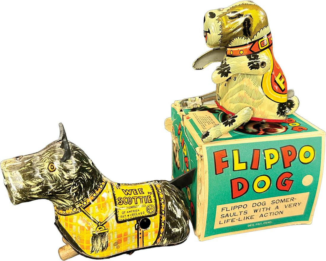 MARX SCOTTIE DOG W/ BOXED LINEMAR FLIPPO: 386. MARX SCOTTIE DOG W/ BOXED LINEMAR FLIPPO | USA. Wind-up causes toy to roll forward or spring into a flip | 5" l. | Some seam tears to the original box, (Very Good to Excellent Condition) | $150 -