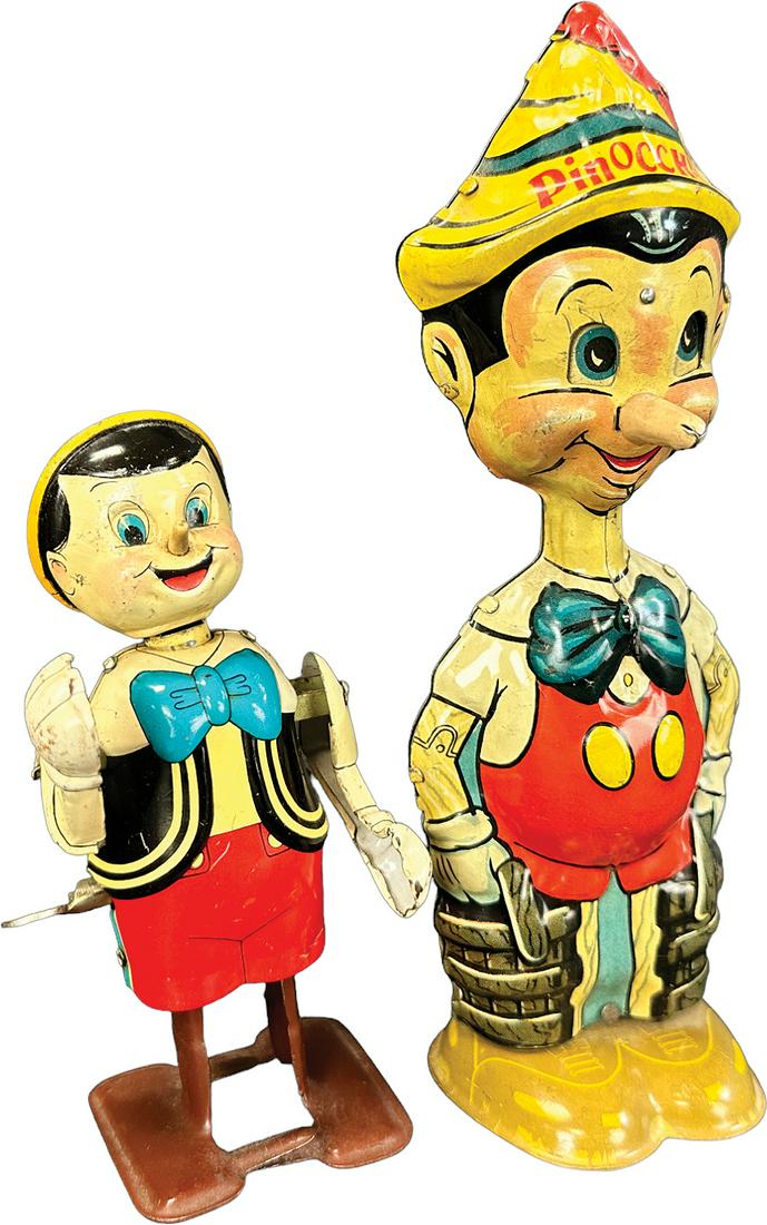 MARX PINOCCHIO & LINEMAR PINOCCHIO WALKERS: 409. MARX PINOCCHIO & LINEMAR PINOCCHIO WALKERS | USA. Wind-up causes toy to simulate walking forward | 8" h. | Overall (Excellent Condition) | $200 - $400