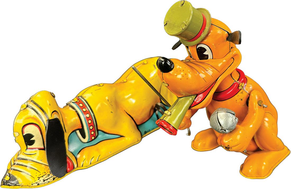 MARX PLUTO & LINEMAR PLUTO DRUM MAJOR: 410. MARX PLUTO & LINEMAR PLUTO DRUM MAJOR | USA. Wind-up causes toy to move forward with band leader moving up and down shaking bell | 8" l. | Drum Major has a replaced tail, crawling Pluto has repla