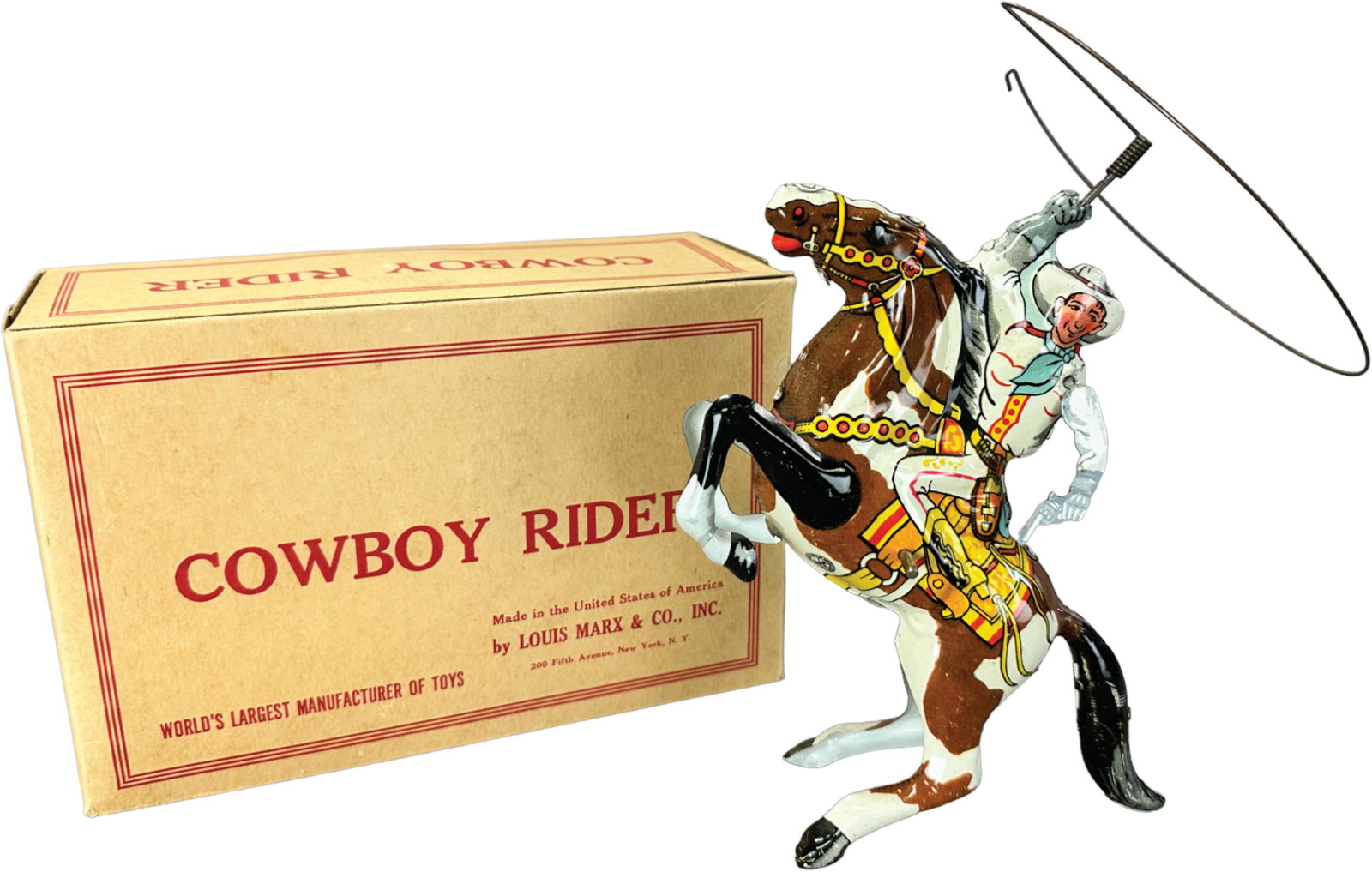 BOXED MARX COWBOY RIDER: 412. BOXED MARX COWBOY RIDER | USA. Wind-up causes toy to scurry as lasso spins | 7.5" h. | (Pristine Condition) | $200 - $400