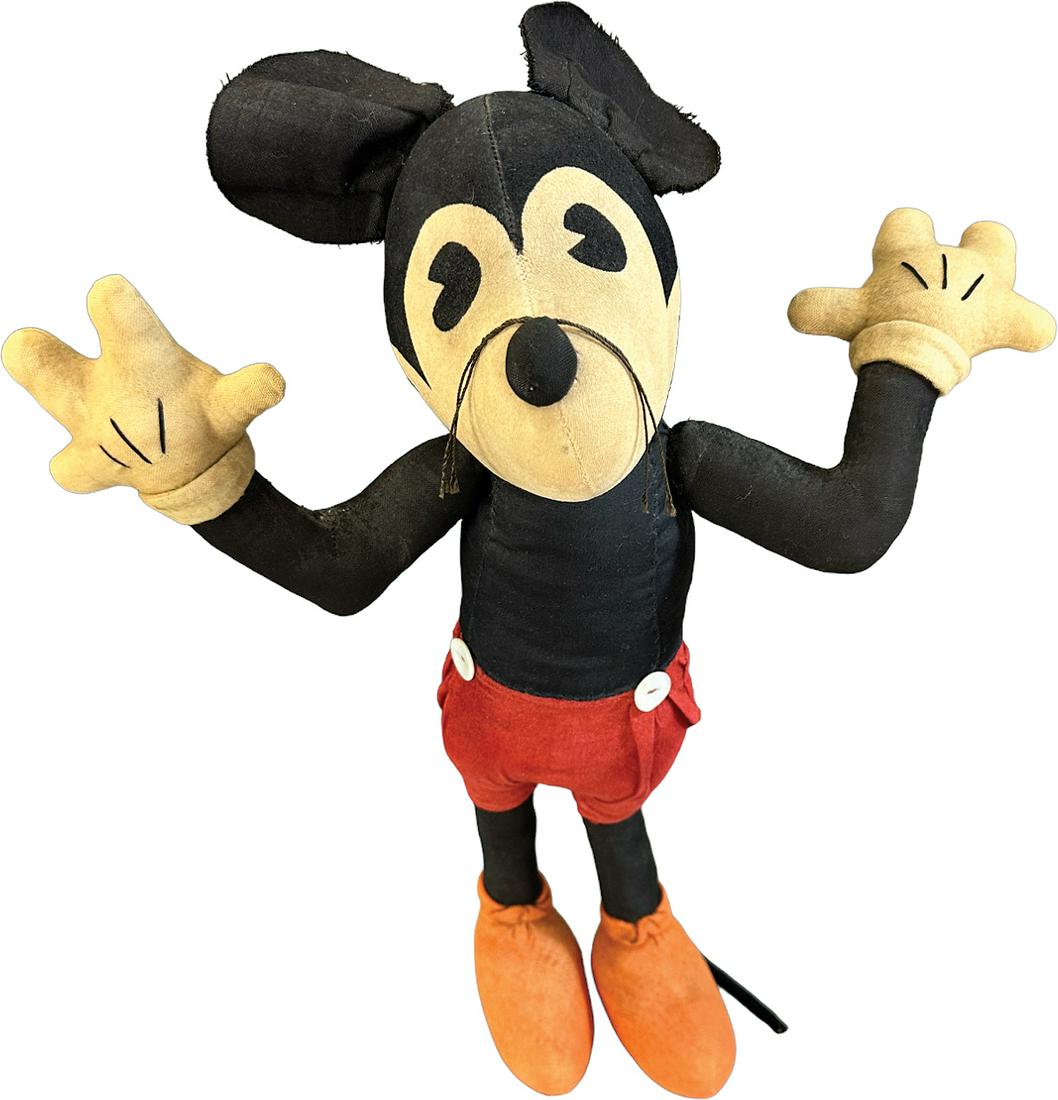 LARGE MICKEY MOUSE DOLL: 428. LARGE MICKEY MOUSE DOLL | 19" h. | Some restitching to arms & neck, couple of splits in frame, (Excellent Condition) | $250 - $500