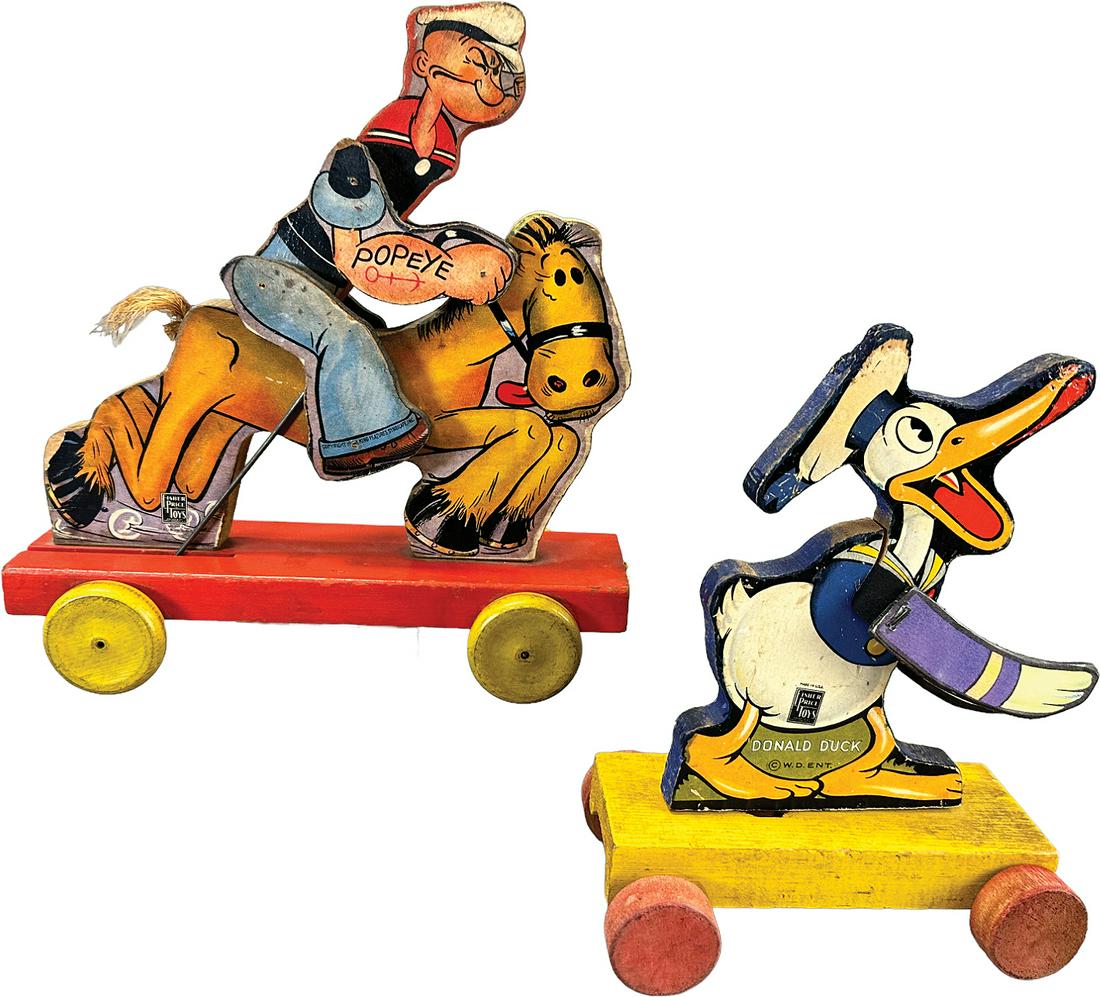 FISHER PRICE DAPPER DONALD W/ POPEYE: 436. FISHER PRICE DAPPER DONALD W/ POPEYE | USA | 6.5" l., 10" l. | Replaced wings on Donald, (Very Good Condition) | $200 - $400