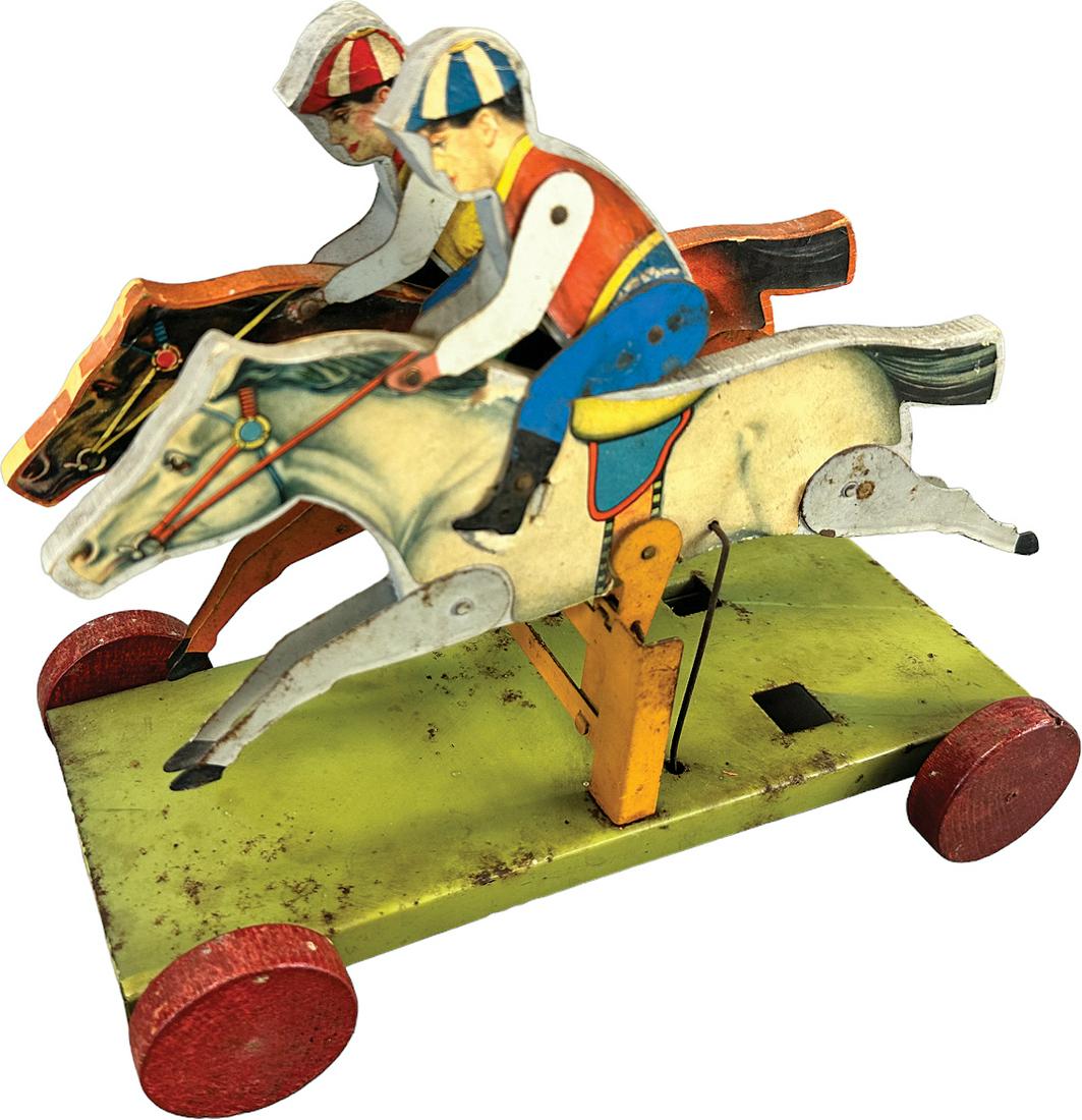 GIBBS STEEPLECHASE JOCKEYS PULL TOY: 437. GIBBS STEEPLECHASE JOCKEYS PULL TOY | USA | 10.5" | (Very Good Condition) | $200 - $400