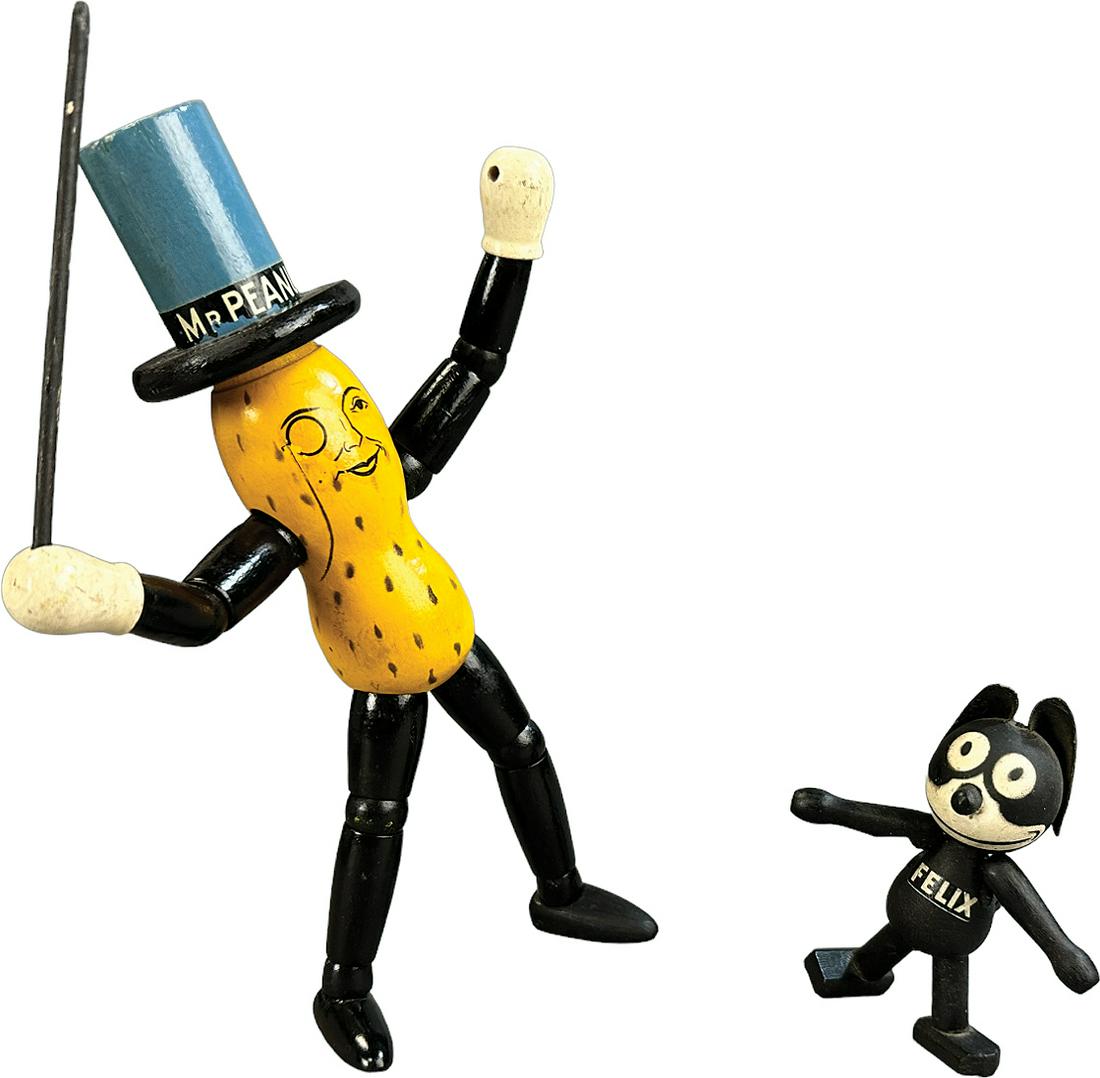 SCHOENHUT MR. PEANUT & SMALL FELIX THE CAT: 461. SCHOENHUT MR. PEANUT & SMALL FELIX THE CAT | USA | 9" h. | One foot replaced on Mr. Peanut, overall in (Excellent Condition) | $200 - $400