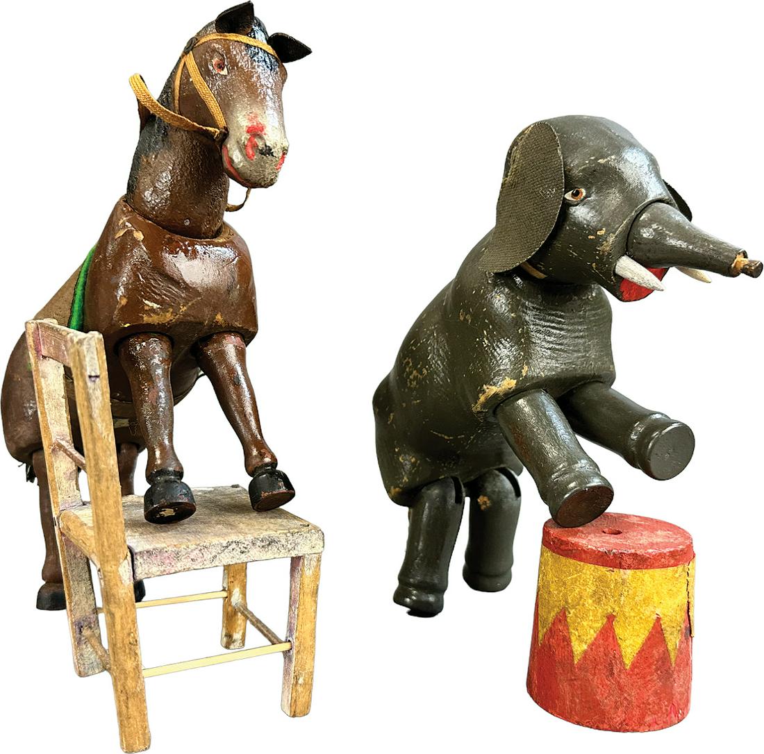 SCHOENHUT REDUCED-SIZE HORSE & CIRCUS ELEPHANT: 463. SCHOENHUT REDUCED-SIZE HORSE & CIRCUS ELEPHANT | USA | 8" l. | Elephant missing trunk, overall in (Very Good Condition) | $200 - $400
