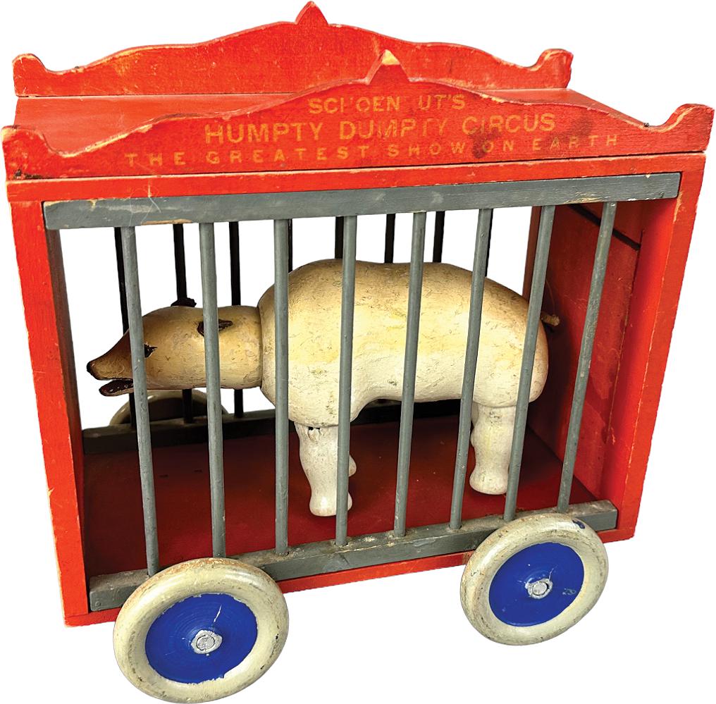SCHOENHUT CIRCUS POLAR BEAR WAGON: 466. SCHOENHUT CIRCUS POLAR BEAR WAGON | USA | 10" l. | All original in (Excellent to Pristine Condition) | $250 - $500