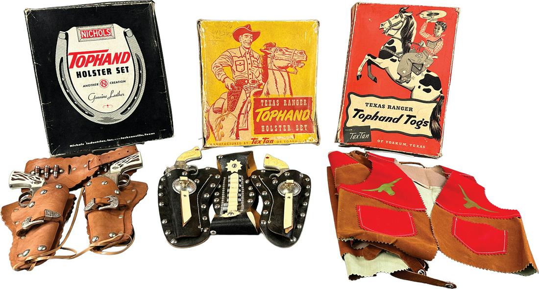TEXAS RANGER CHILD'S COSTUME W/ TWO HOLSTER SETS: 481. TEXAS RANGER CHILD'S COSTUME W/ TWO HOLSTER SETS | 14" l. | Old store stock, box lids have torn flaps, costumes and holsters in All Original Condition. | $250 - $500