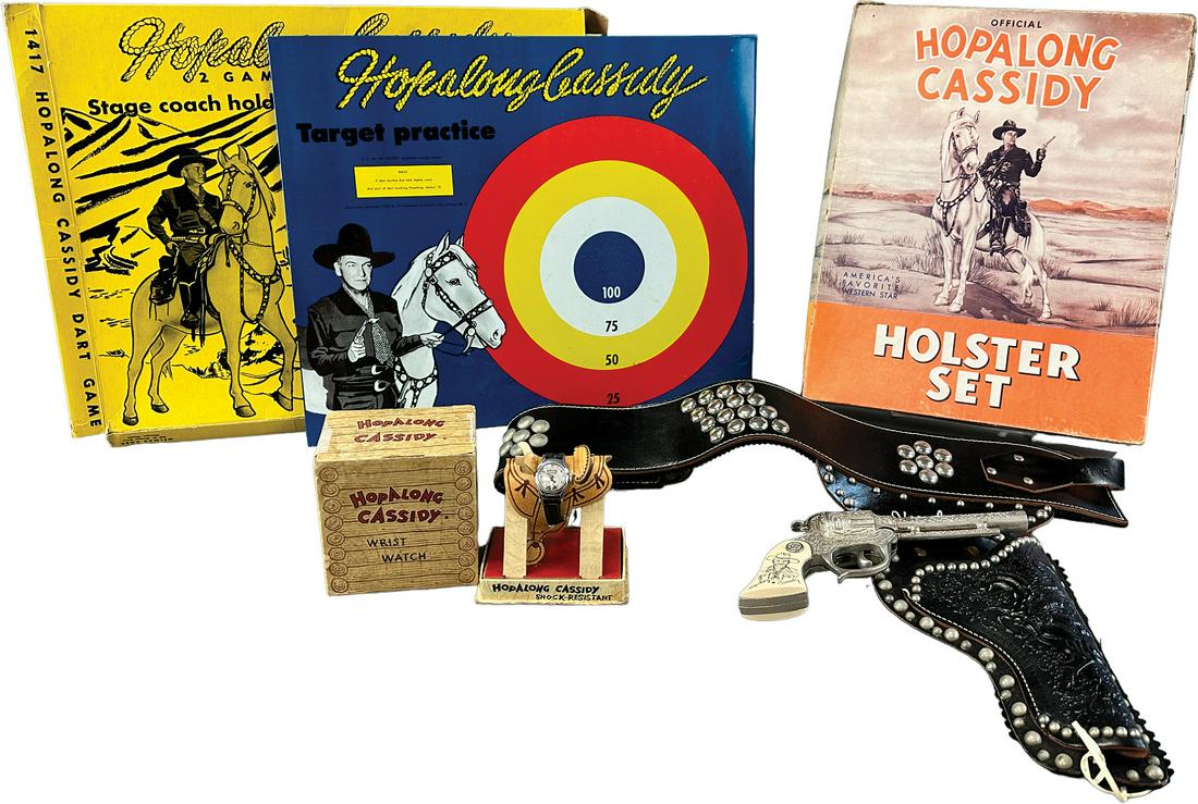HOPALONG CASSIDY TOY & ACCESSORY LOT: 489. HOPALONG CASSIDY TOY & ACCESSORY LOT | Lot includes a boxed Hopalong Cassidy watch, a target game, and a holster. | 17" l. | Old store stock, watch wind-up not working, target game missing darts,