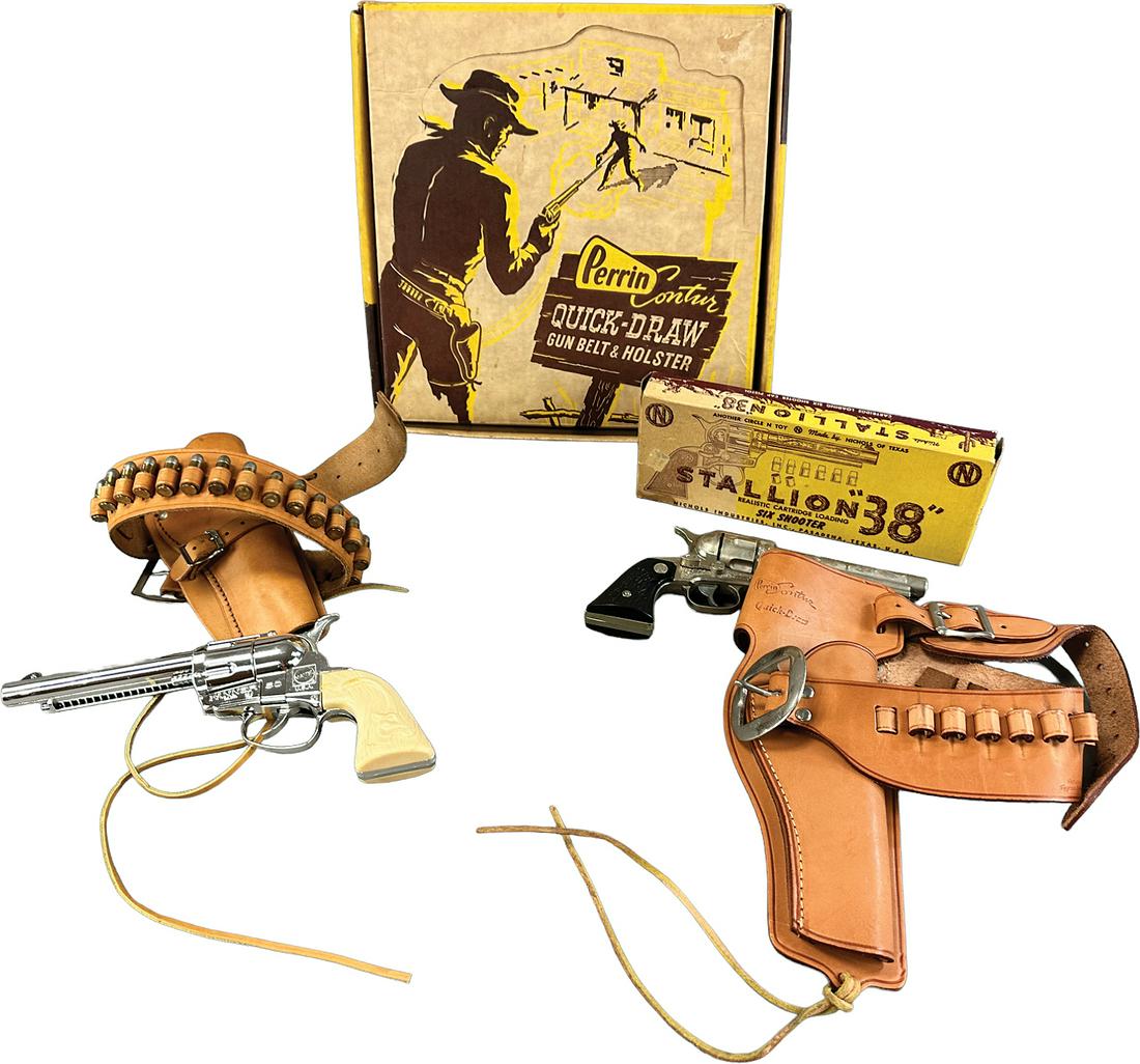BOXED QUICK DRAW & FANNER 50 GUN/HOLSTER SETS: 500. BOXED QUICK DRAW & FANNER 50 GUN/HOLSTER SETS | 13" l. | Old store stock in all original (Excellent Condition) | $250 - $500