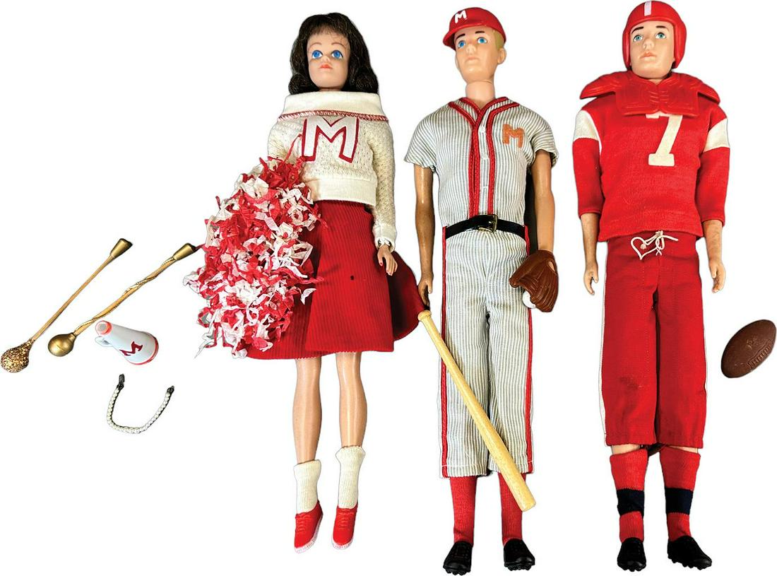 MATTEL BARBIE FRIENDS SPORT-THEMED DOLLS: 1079. MATTEL BARBIE FRIENDS SPORT-THEMED DOLLS | Includes Cheerleader Midge, Baseball Ken, and Football Ken w/accessories. | 12" h. | (Excellent Condition) | $200 - $400