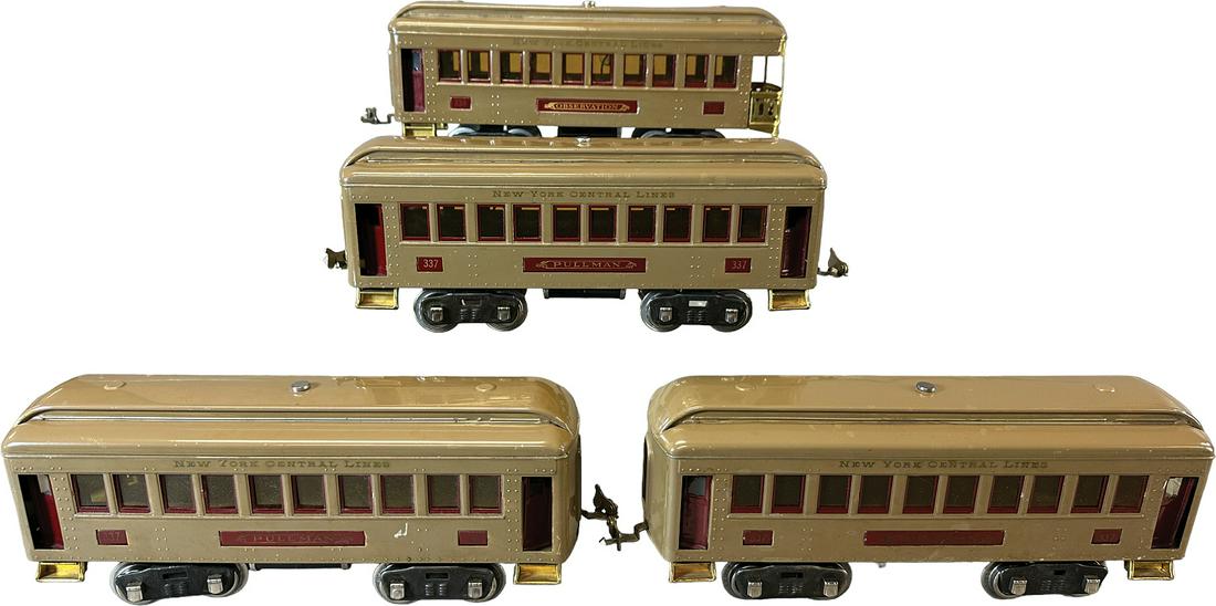 FOUR MOJAVE LIONEL CARS: 1193. FOUR MOJAVE LIONEL CARS | 12" l. | Touchup throughout, one end of coach roof repainted, overall (Very Good Condition) | $100 - $200