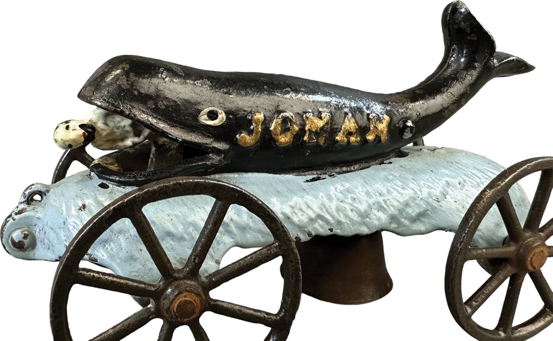 JONAH & WHALE BELL TOY: 1126. JONAH & WHALE BELL TOY | NN Hill Brass Co. | Provenance: Rudd Trowbridge Collection. | 5.25" l. | (Excellent to Pristine Condition) other than some minor chipping to paint on the whale's back. |