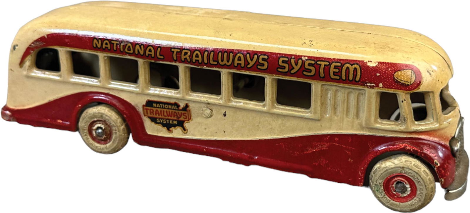 ARCADE NATIONAL TRAILWAYS BUS: 1386. ARCADE NATIONAL TRAILWAYS BUS | 9" l. | (Pristine to Near Mint Condition) | $600 - $900