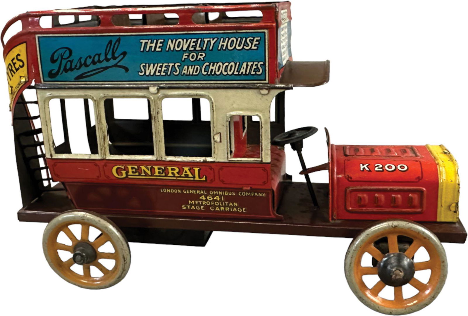 BING ADVERTISING DOUBLE DECKER BUS: 37. BING ADVERTISING DOUBLE DECKER BUS | Germany, wind-up driven. | 7.5" l. | (Excellent to Pristine Condition) | $2,000 - $3,000