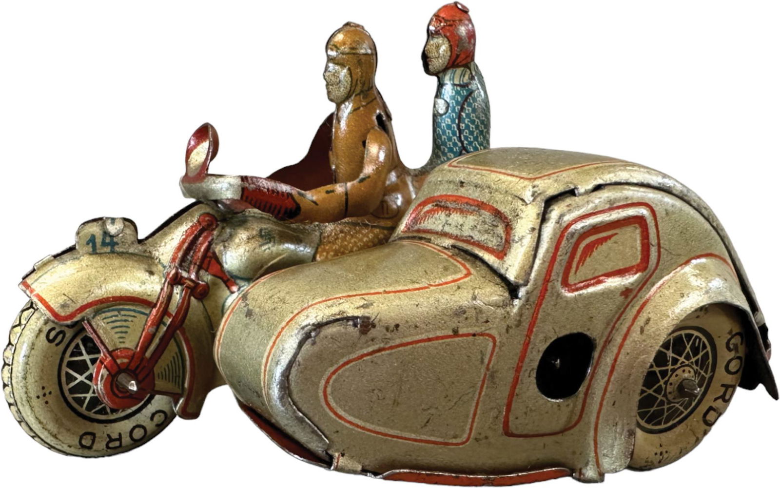 TWO RIDER MOTORCYCLE W/SIDECAR PENNY TOY (1 of 6)