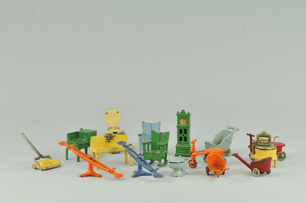 ASSORTED MINIATURE CAST IRON FURNITURE: Kilgore, extensive lot, includes indoor and outdoor cast iron miniature play and household items, painted in varied colors, a nice lot for go-along displays. Approx. 2" - 4" l. Some chipping, most in 