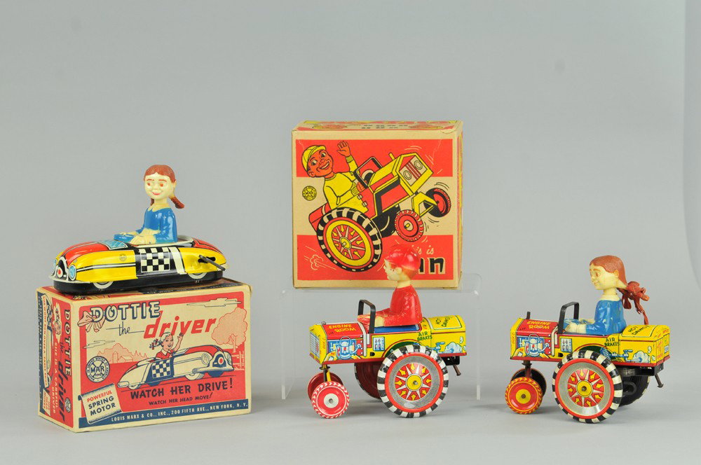 DOTTIE, DORA AND DAN DRIVERS IN AUTOS: Marx Toys, lithographed tin with plastic bobble heads, very colorful, key wind operated, includes two boxes. Dan is from the Donald Kaufman Collection. 5 1/4" - 6 1/2" l. Some creases to boxes, (VG Co