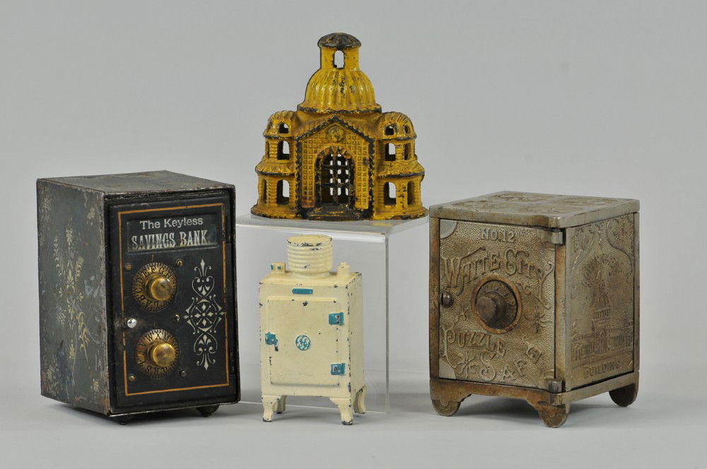 GROUPING OF STILL BANKS: Includes nickel plated cast iron White City Puzzle Safe No.12. tin keyless savings bank with two front combination dials, yellow painted Mosque, and white GE ice box. 4 3/8"- 5 1/2" h. (Fair - VG Cond