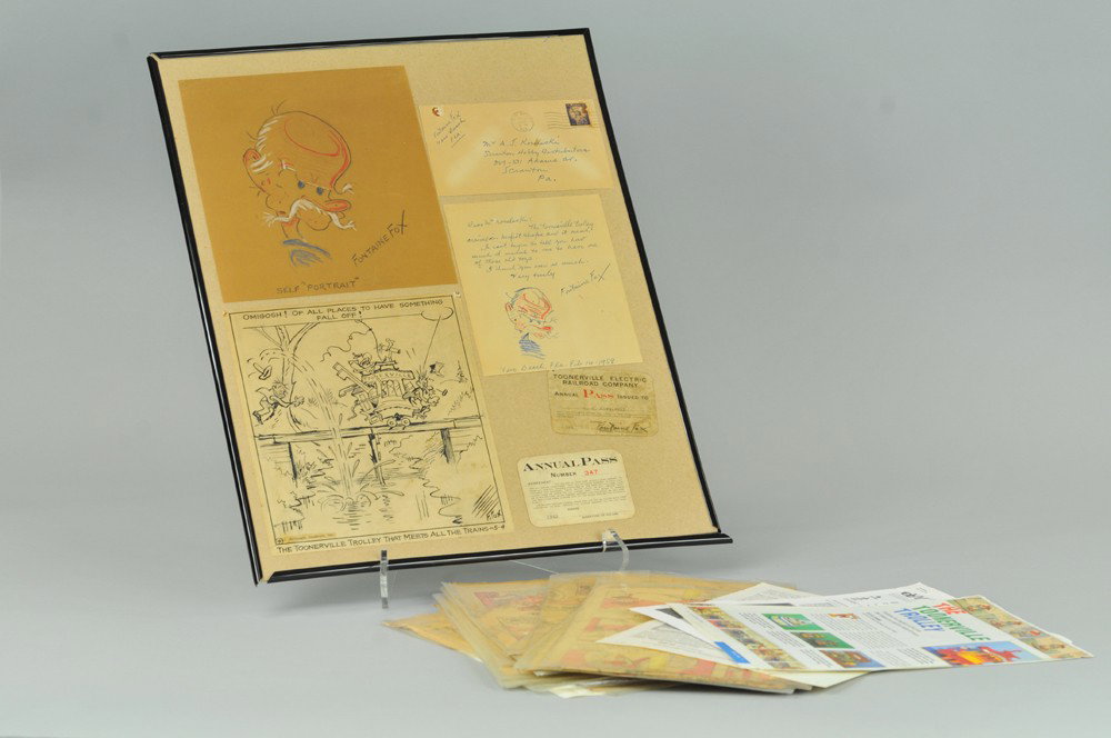 FONTAINE FOX ORIGINAL ART: A very interesting and opportunistic scarce offering of original drawings from the famed cartoonist. Lot includes a hand drawn self portrait by Fox Fontaine, an original story board with art scene, as