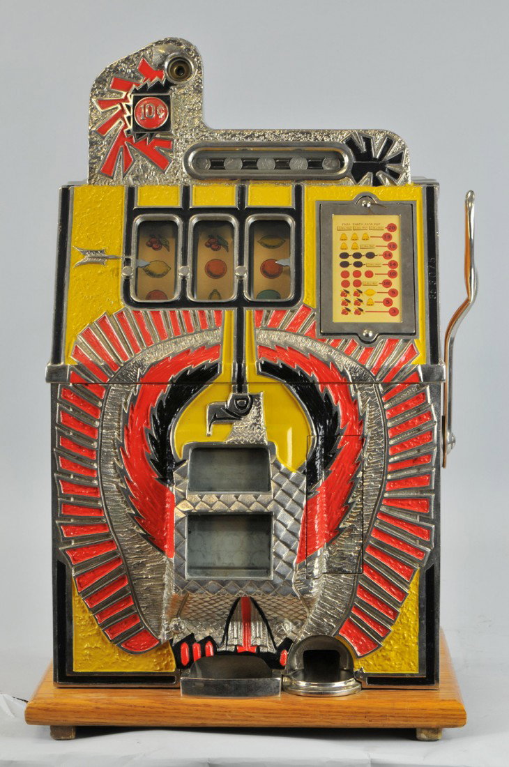 1938 MILLS 10-CENT WAR EAGLE SLOT MACHINE COIN OP: 1938 Mills 10-Cent War Eagle Slot Machine original working condition. Due to laws regulating the sale of antique slot machines, we as the seller, will not sell to members in the states of Alabama, Con