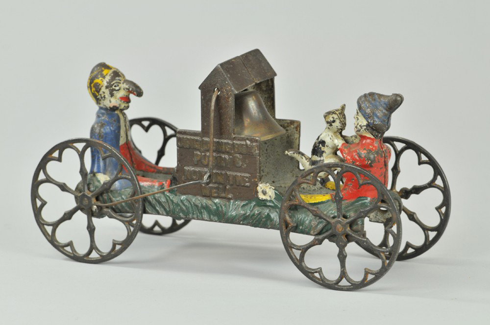DING DONG BELL TOY: Gong Bell, c.1900, well detailed and colorful casting, depicts Johnny Green and Tommy Stout and the cat that was dropped down the well; as toy is pulled, the bell in well rings; side embossed "Ding Do
