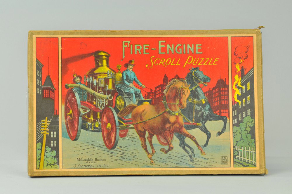FIRE ENGINE SCROLL PUZZLE: McLoughlin set contains horse drawn pumper, a locomotive, and an early automobile; graphics are crisp and bright, all are complete. 7" x 17". (VG Cond) 7" x 17".