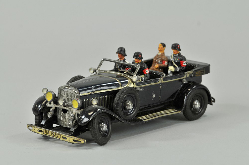 TIPPCO HITLERS MERCEDES AUTO: Germany, c. mid-1930's, an elaborate toy version of the Fuher's personal vehicle, done in deep blue body, top down, spare wheels on running boards, full light compliments, even simulated piping from b