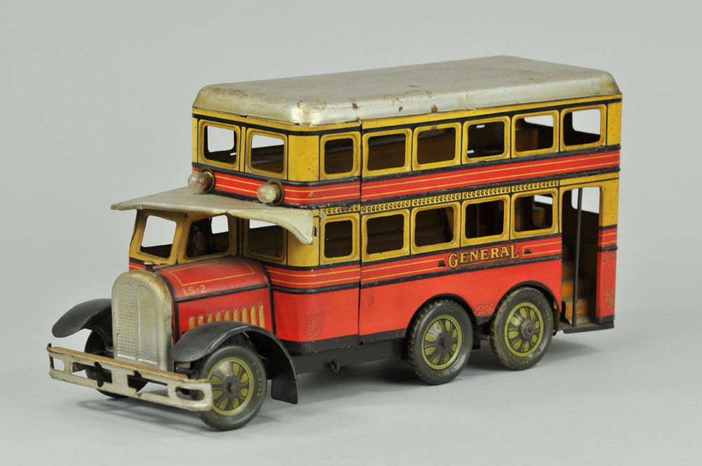GUNTHERMANN DOUBLE DECKER BUS: Germany, lithographed tin, an elaborately detailed autobus with electric lights on canopy roof, red and yellow body, "General" on sides, seated bus driver, tin litho disc wheels, interior bench seatin