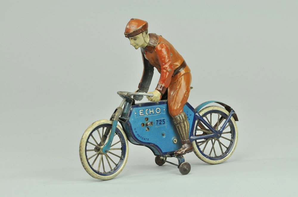 LEHMANN ECHO CYCLIST: Germany, blue version, lithographed tin, well detailed toy cyclist on early spoke wheel model, clockwork driven, reads "Echo" on both sides of tank. 8 1/2" l. (Exc. Cond) 8 1/2" l.