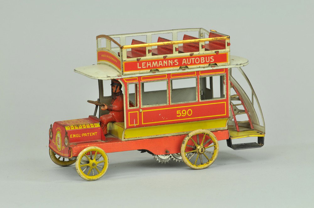 LEHMANN AUTOBUS: Germany, red lithographed version, Double Decker bus with open bench seating, rear stairway, seated driver, clockwork driven. 7" l. (VG Cond) 7" l.
