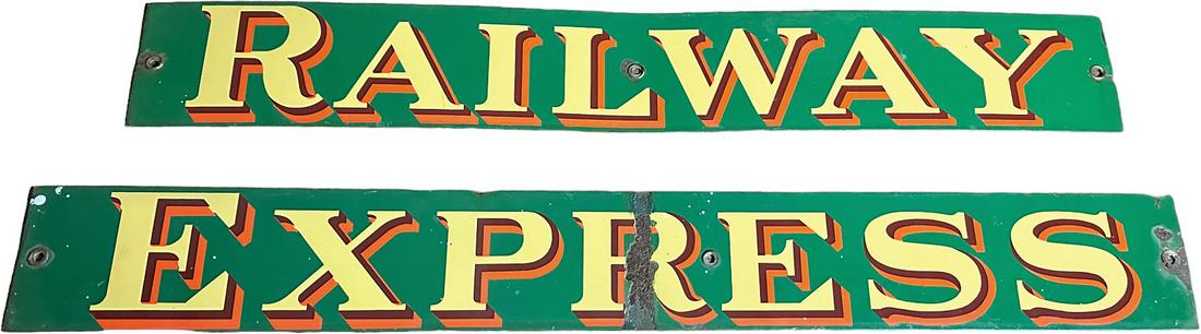 RAILWAY EXPRESS PORCELAIN SIGN: 480. RAILWAY EXPRESS PORCELAIN SIGN | 39.25" w. x 5" h. | (Very Good Condition) | $200 - $300