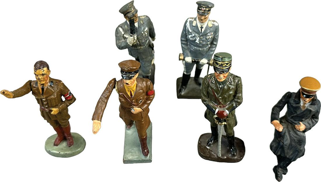 LINEOL & ELASTOLIN POLITICAL FIGURES: 1023. LINEOL & ELASTOLIN POLITICAL FIGURES | Six figure lot includes a walking Goering by Lineol (broken base), standing Lineol Georging, walking Lineol Hitler w/movable arm, Elastolin von Schirach (H